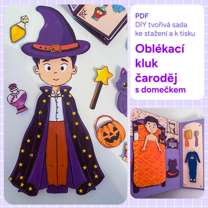 Oblékací kluk "čaroděj" s domečkem - DIY tvořivá sada k vytištění