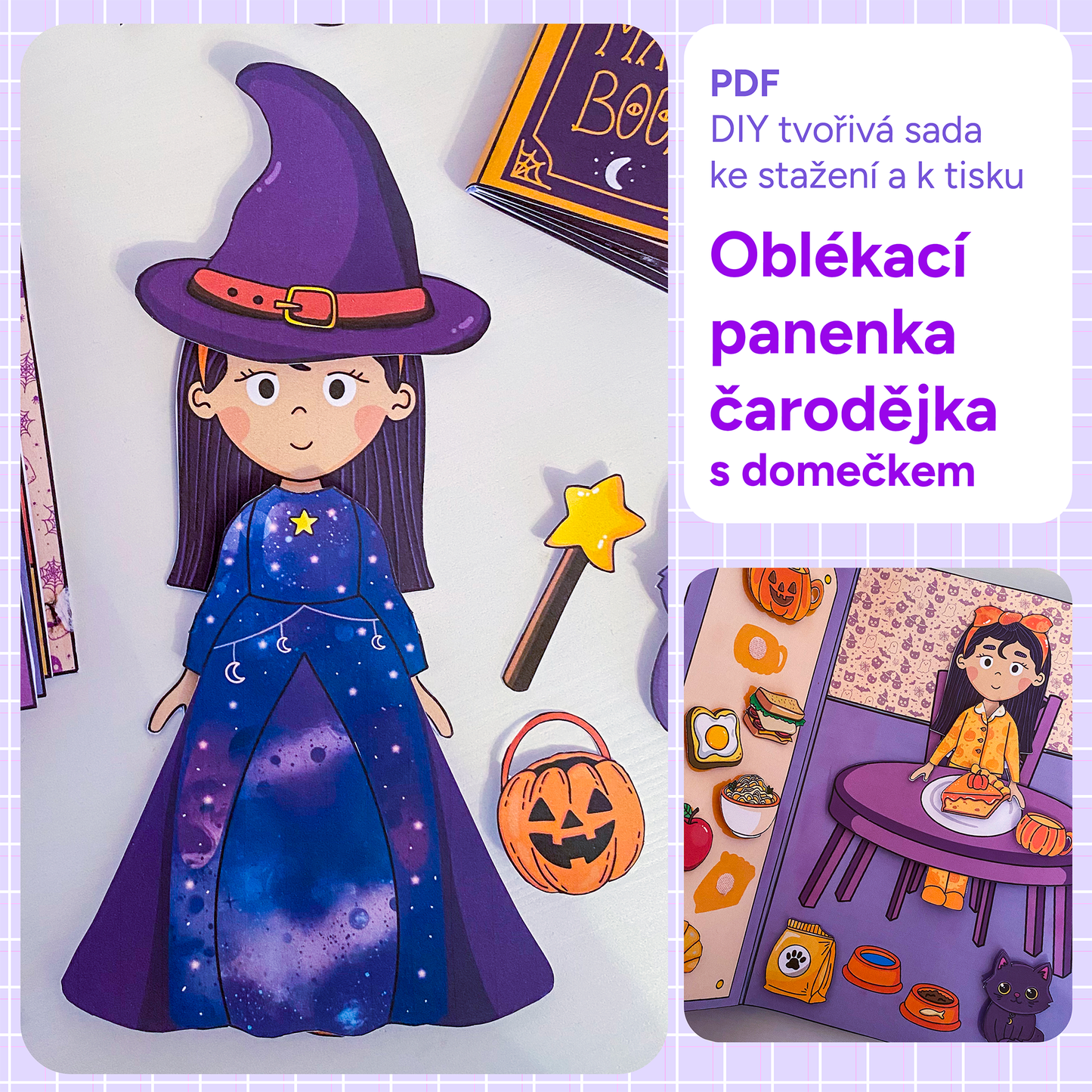 Oblékací panenka "čarodějka" s domečkem - DIY tvořivá sada k vytištění