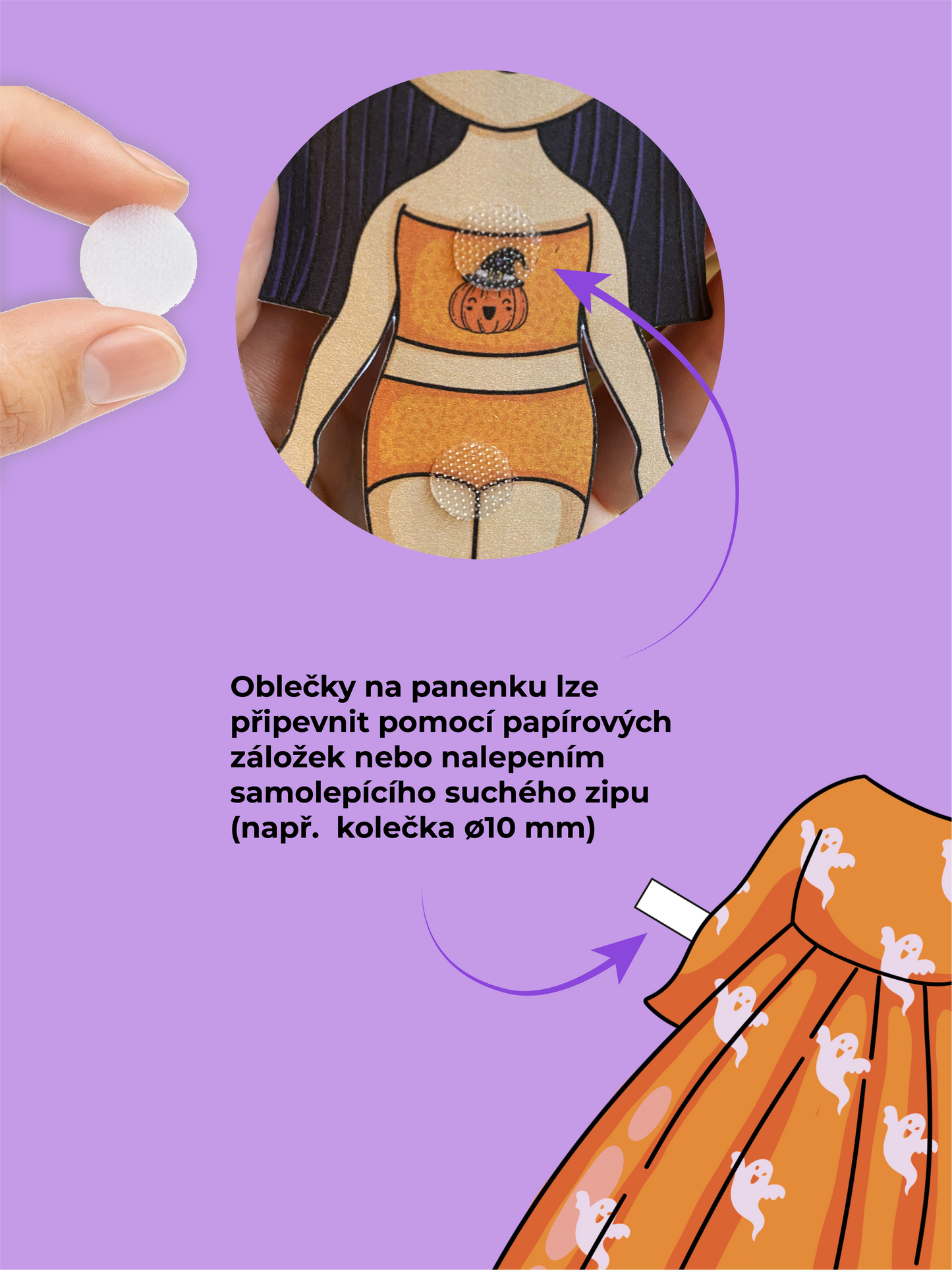 Oblékací panenka "čarodějka" s domečkem - DIY tvořivá sada k vytištění