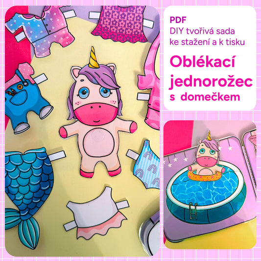 Oblékací "Jednorožec" s domečkem - vystřihovánka k vytištění