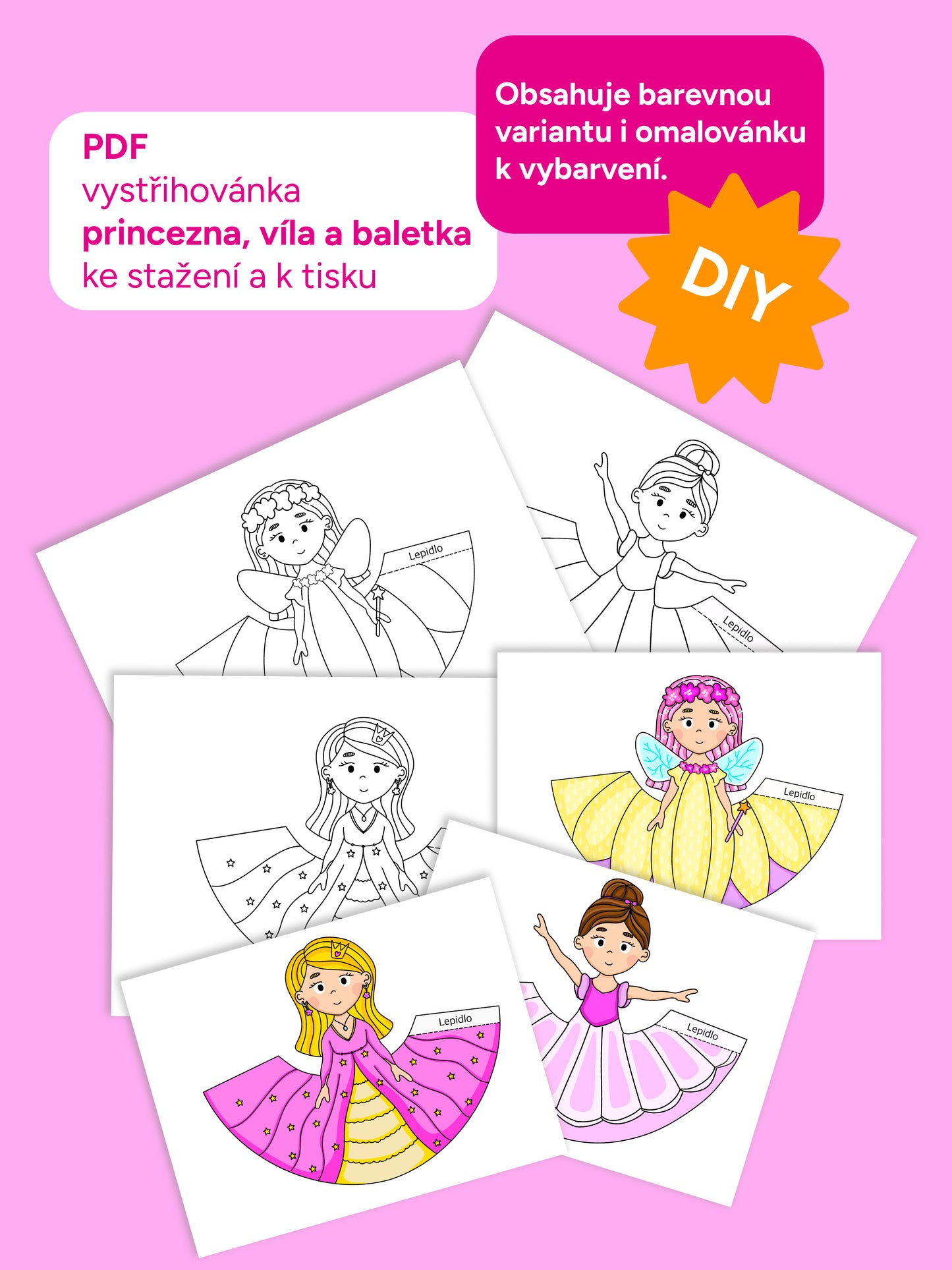 Víla, princezna a baletka - papírové postavičky